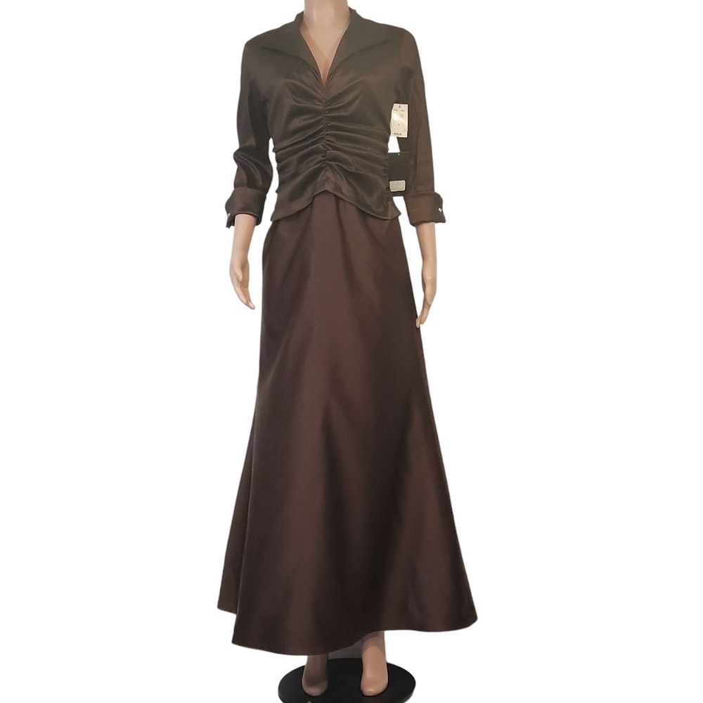 Tadashi Brown Satin Long Formal Modest Luxury Dress Sz 8